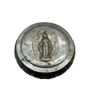 Vintage Catholic Rosary Case Virgin Mary Metal Round Velvet Lined Travel Box